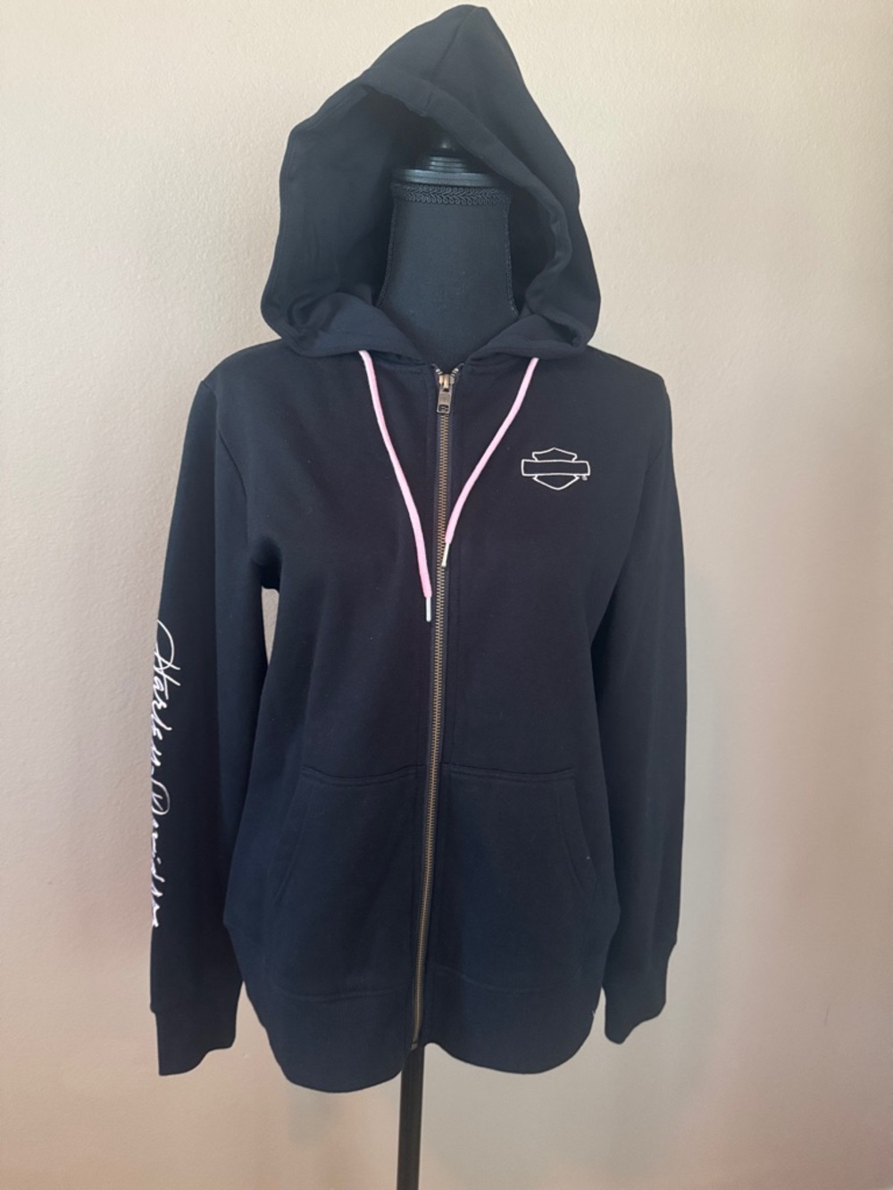 Harley-Davidson Black Hoodie with Pink Drawcord Accent M
